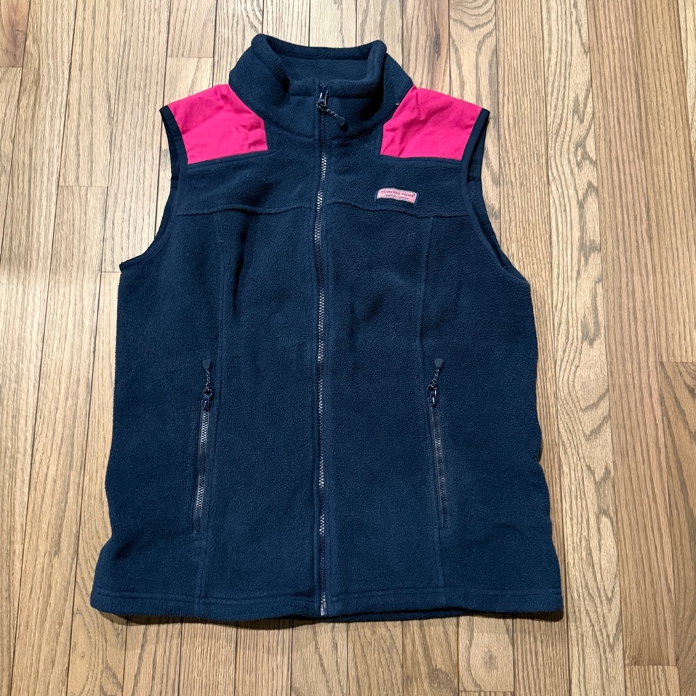 Vineyard Vines Navy Fleece Vest with Pink Shoulder Panels